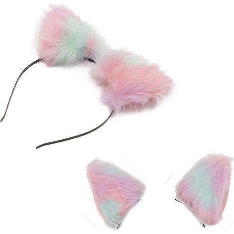 Lot de 2 Pinces à Cheveux et Bandeau Chat en Peluche Coloré, Accessoires Coiffure Décoratifs avec Oreilles de Chat, Motif Mignon, 3 (1/5)
