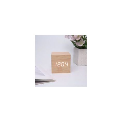 Réveil numérique à LED avec affichage de la date, de la température, 3 alarmes, 4 niveaux de luminosité, alimenté par batterie ou USB [Bois de bambou, lumière blanche] (1/4)