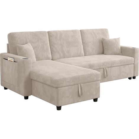 Divano letto angolare a L in velluto a coste beige con contenitore MODENUIT (1/5)