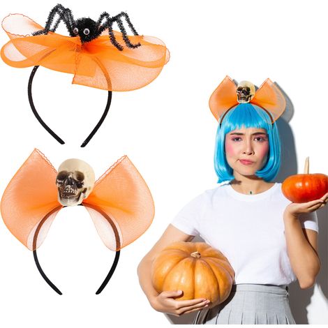 (Orangefarbener Totenkopf + orangefarbene Spinne) 2 Totenkopf-Stirnbänder für Halloween, Haaraccessoires (Party, Ball, Spinnen-Fliege). (1/2)