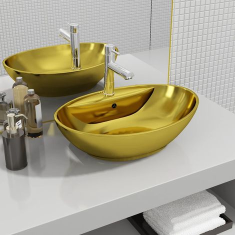 Vidaxl – Vasque à poser céramique dorée 58,5 x 39 x 21 cm – Avec trop-plein et trou de robinet – Design ovale pour salle de bain