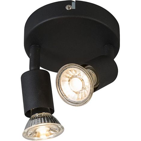 Qazqa – Spot industriel noir inclinable rond 2 lumières – Acier – Culot GU10 – Hauteur 11 cm – Largeur 21 cm – Intensité variable (1/5)