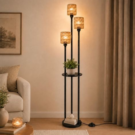 Lampadaire Boho, lampadaire 3 lumières en rotin avec étagère, lampadaire industriel avec interrupteur à pied et abat-jour en rotin, lampadaire haut pour salon, chambre à coucher et bureau (1/5)