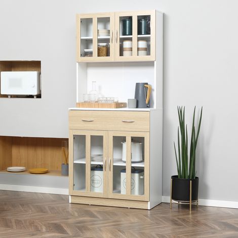 Mobile da cucina con 4 ante in vetro, piano di lavoro a vista, cassetto e ripiani regolabili, 80x40x180 cm, bianco e naturale. (1/5)