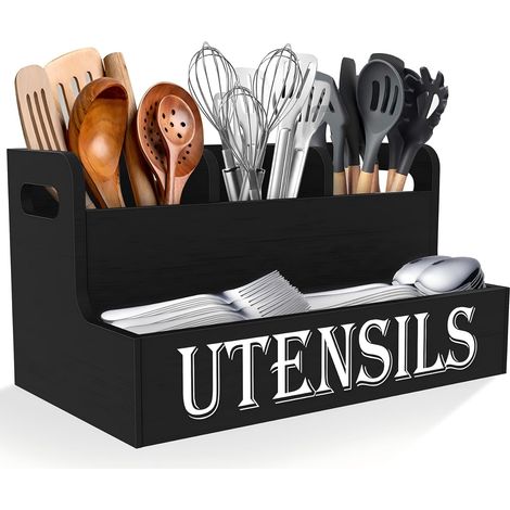 Grand support d'ustensiles de cuisine à 2 niveaux avec 3 compartiments, organiseur d'ustensiles en bois blanc pour comptoir de cuisine, décoration de cuisine rustique, ustensiles de cuisine noir (1/5)