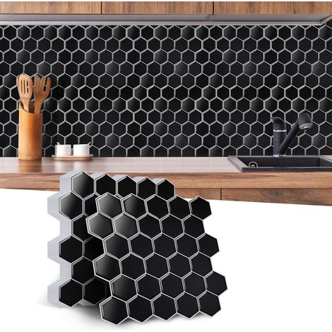 TolleTour Stickers carrelage hexagonaux noirs 10 pcs PET résistants à l’eau pour cuisine et salle de bain (1/5)