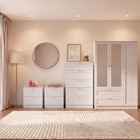Altino 4 Piece Bedroom Set with 2 Drawer Bedside, Set of 2, 5 Drawer Chest, 3 Door 2 Drawer Wardrobe, White
