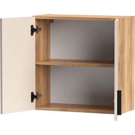 Meuble haut à 2 portes Armoire auxiliaire avec poignées noires coloris Beige/chêne Mauvella - Longueur 60 x Hauteur 60 x Profondeur 28,6 cm (1/3)