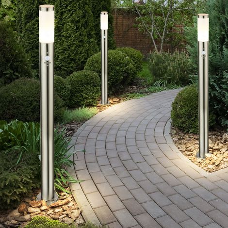 Set di 3 luci da terra per esterni, giardino, parco, faretti in acciaio inox, rilevatore di movimento IP44