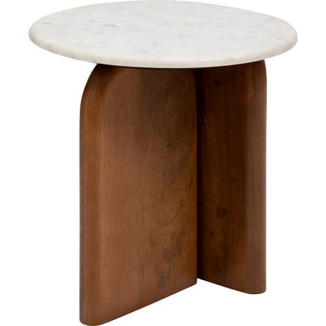 Atmosphera – Table d'appoint ronde en marbre poli – Piètement bois massif manguier – D. 51 x H. 56,5 cm – Design asymétrique avec patins en feutrine (1/5)