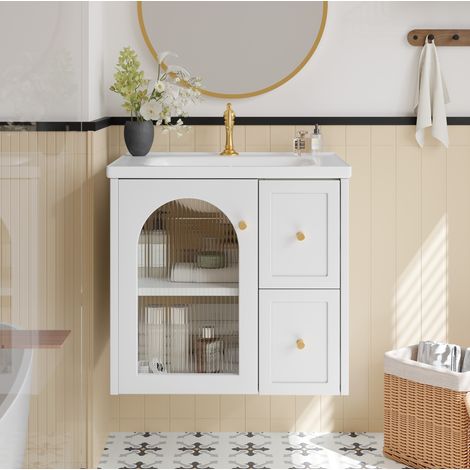 Mobile bagno sospeso in MDF bianco con lavabo in ceramica e LED, 60,5x47,5x57 cm (1/5)