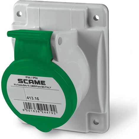 Prise à encastrer 3P+N+T 16A femelle clapet vert tension sup 50V AC 300-500Hz socle 70x87mm pour coffret 2h étanche IP44