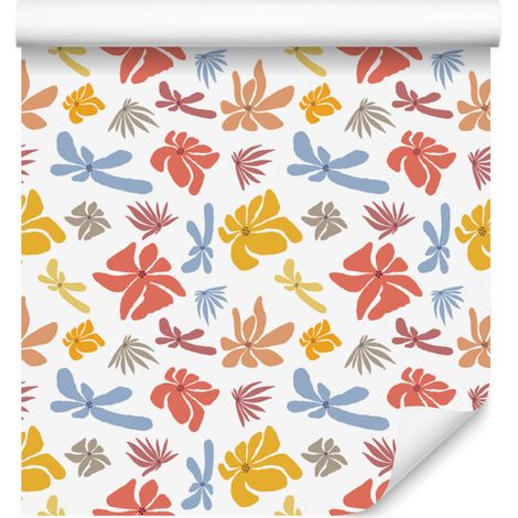 Papier peint fleuri blanc, corail et crème pour salon et chambre 50x1000 cm (1/5)
