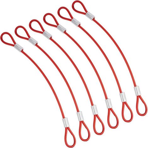 6x Sicherheitskabel mit Schlaufen, 20,5cm, 3mm Stahlseil, rot gummiert