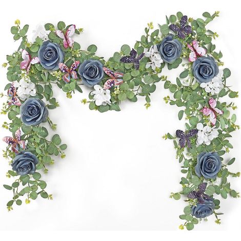 2er Set Künstliche Eukalyptus Girlande mit Rosen & Schmetterlingen 1,8m Blau (1/5)