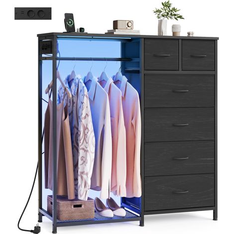 Portant à Vêtements avec 6 Tiroirs, Vestiaire avec Éclairage LED et Prises, Étagère à Chaussures, pour Chambre et Entrée, 102,7 x 35 x 117,6 cm, Noir Boisé (1/5)