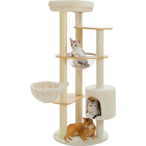 PAWZ Road Arbre à Chat 136 cm en Bois, Multi-Niveaux et Stable avec Hamac Suspendu, Nid Acrylique et Maisonette, Beige (1/5)
