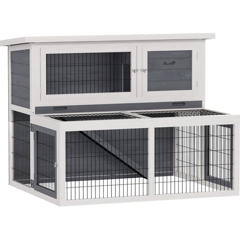 Conigliera a 2 livelli con tetto apribile, 122 x 95 x 93,5 cm, legno grigio (1/5)