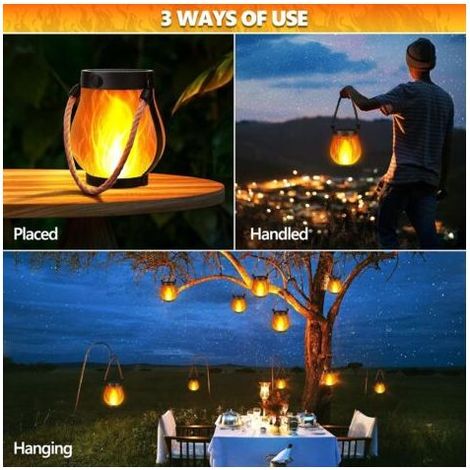 Quatre lanternes à flamme solaire, lumières d'extérieur dansantes, suspension par corde, étanches, chargement USB, idéales pour la décoration du jardin et de la terrasse. (1/5)