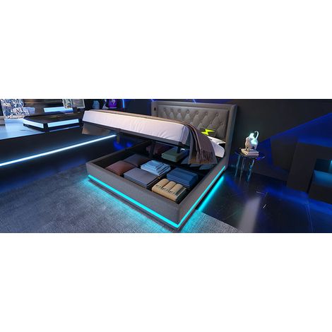 MEUBLIV Doppelbett 160x200 cm Grau aus Baumwolle mit Stauraum, LED & USB, ohne Matratze (1/5)