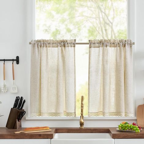 Rideau Cuisine Court Petit Rideaux Brise Bise, Beige 90L x 75H(cm) 2 Panneaux à Passe Tringle, Mélange de Lin avec Dentelle, pour sous Evier Fenêtre Placard Meuble Bas Chambre Cache (1/5)
