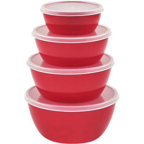 Bols mélangeurs plastique 4 pièces + couvercles, empilables, micro-ondes/congélo, rouge ombré, cuisine/colorés (1/5)