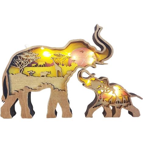 Elefantenmutter mit Baby, Holzfigur mit LED-Beleuchtung, Dekoration für Zuhause, Schreibtisch oder Tisch