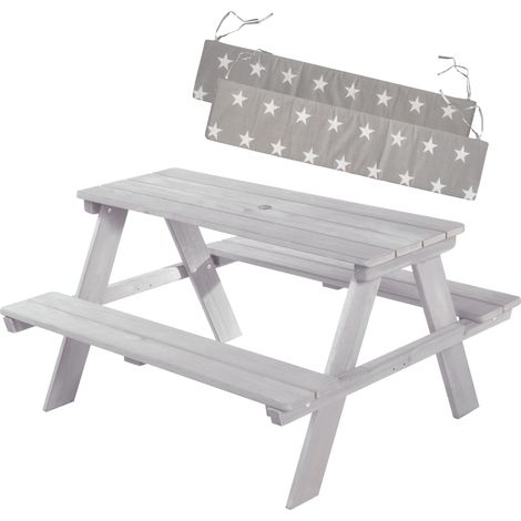 roba Panca con Tavolo per Bambini Picnic + Cuscini – per Esterno e Giardino – Resistente alle Intemperie – 4 Posti – per Campeggio - Motivo con Stelline – Legno Grigio (1/5)