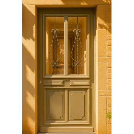 Puerta de entrada de madera con cristal Baptiste Verde Gris Oliva, H.215 x L.90 cm, con tablero lateral derecho, pomo, cilindro, botón, GD MENUISERIES