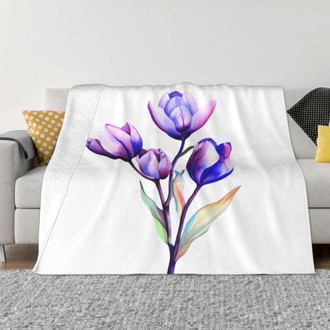 Diese Decke mit lila Tulpenmuster im Aquarellstil ist weich und bequem und misst 152 x 127 cm. Sie ist aus Flanell gefertigt, für Erwachsene geeignet und kann auf Betten, Sofas, auf Reisen, beim Campi