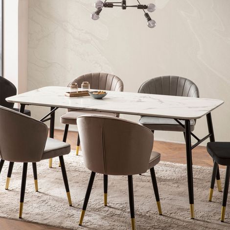 Table à manger 200x90x76 cm effet marbre blanc et pieds métal - TRAZI