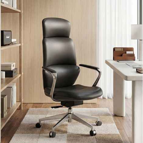 Chaise de bureau en cuir noir, inclinable jusqu'à 127°, mécanisme à 3 leviers, assise coulissante, base en aluminium et roulettes silencieuses ergonomiques – CHICFURN (1/5)
