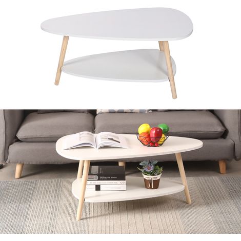 Table basse ovale scandinave - Blanc 906040cm Table Basse, Surface en MDF, Pieds en hêtre, 2 Couches
