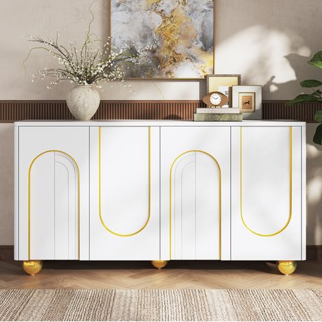 FLORAGRACE Buffet 4 portes blanc avec lignes dorées, pieds métal sphériques, 140 x 40 x 74 cm (1/5)