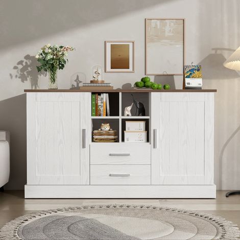 Aparador 140 x 40 x 79,5 cm - 2 puertas con cierre suave, 2 cajones y 4 compartimentos - Elegante - Paneles de aglomerado blanco y madera marrón (1/5)