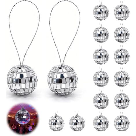 Mini bola de espejos de 2,2 cm con cinta plateada: pequeña bola de discoteca colgante con espejos para decoración de pasteles, árbol de Navidad, bodas, manualidades, cumpleaños y mesas de fiesta: ador (1/5)