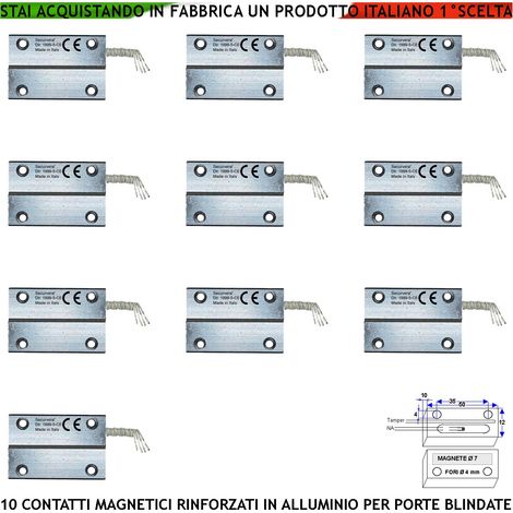 Rilevatori Magnetici Corrazzati in Alluminio Con Fori di Fissaggio 10 Pezzi Per Antifurto Cancelli Ferro Sensori Reed NC Sesibilità 20 mm Max 30 V 10 W Carico Resistivo 4 Fili 2 NC e 2 Tamper Pr IP65