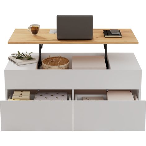 Table basse relevable 100 x 50 x 40 cm avec rangement dissimulé, table de salon avec 2 tiroirs, table d'appoint avec rangement semi-ouvert, blanche + couleur bois (1/5)