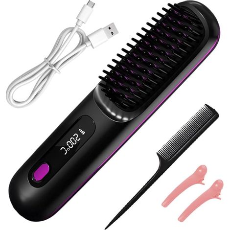 Brosse Lissante pour Cheveux, Peigne Chauffant Ionique Sans Fil Rechargeable Brosse Electrique Portable pour Cheveux Courts avec 3 Temperatures (1/5)
