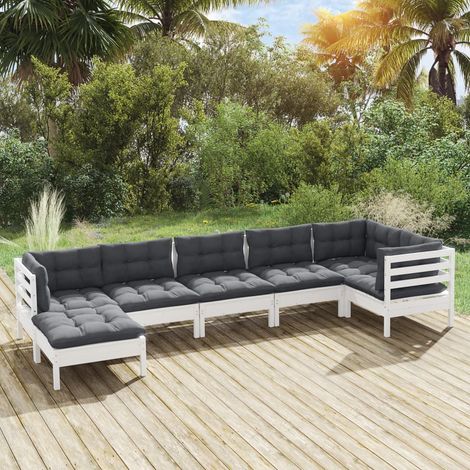 Salon de jardin 7 pcs Ensemble Table et Chaise de Jardin - avec coussins Blanc Bois de pin solide BV655920 - BonneVie (1/5)