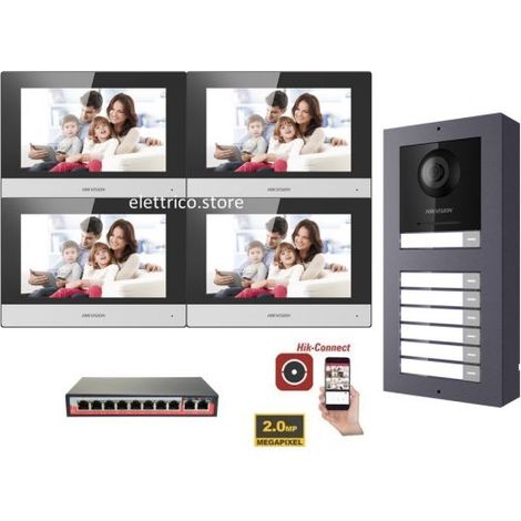 KIT Videocitofono IP Poe Hikvision 4 appartamenti Monitor 7 pollici WIFI smart telecamera 2 mpx