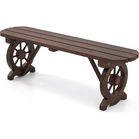 GOPLUS Banc de Jardin 2 Personnnes Charge 320KG 120x28x37CM-en Bois d'Épicéa Carbonisé-Sièges à Lattes-Base en Forme de Roue Marron (1/5)
