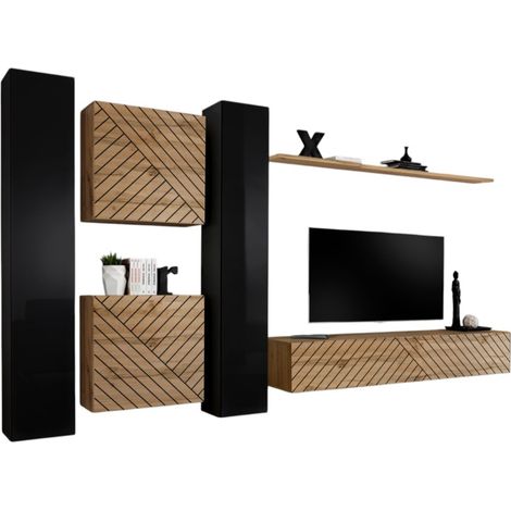Set di mobili da soggiorno design SWITCH VI. Colori nero e rovere con finiture nere lucide e effetto rovere fresato.