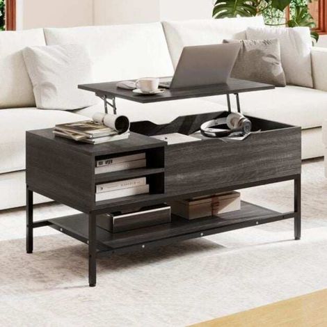 Levage Fluide Anti-Pincement Table Basse Relevable avec Coffre Caché Salon Gris (1/5)