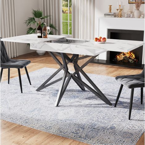 Tavolo da pranzo allungabile 120/160x80x66.1 cm con 4 sedie, piano effetto marmo, gambe in metallo, bianco (1/5)