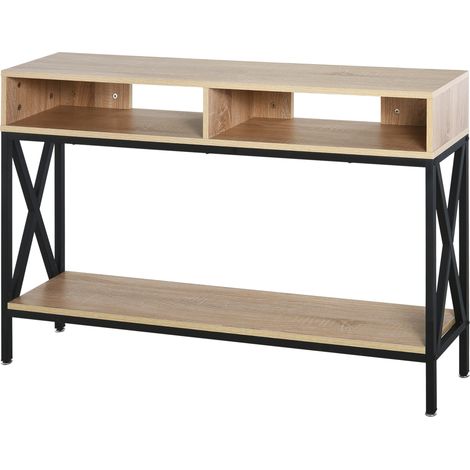 Table console industrielle multi-rangements 120 x 23,5 x 75 cm chêne
