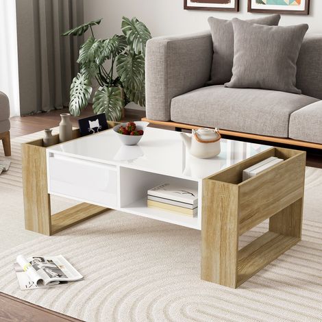 Table basse 105x60 cm avec tiroirs, niches ouvertes et finition partiellement brillante, MDF et panneaux de particules, Blanc et Bois naturel (1/5)