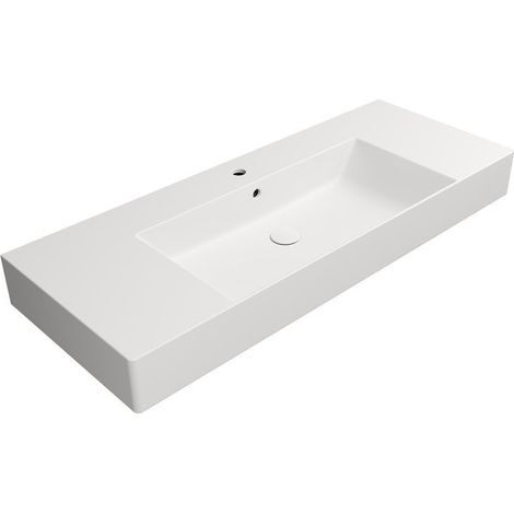 Lavabo KUBE X en céramique 120x47cm avec étagères, bord inférieur moulu, blanc mat (1/4)