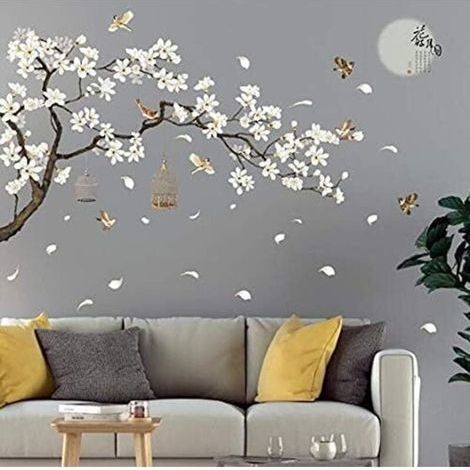 Wandtattoos mit Kirschblüten und Vogel auf einem Ast fürs Schlafzimmer, Vintage-Stil, zum Selbermachen, Größe 187 x 128 cm, auch als Kopfteil-Aufkleber für Teenager geeignet, Vinyl-Wandtattoos (1/5)