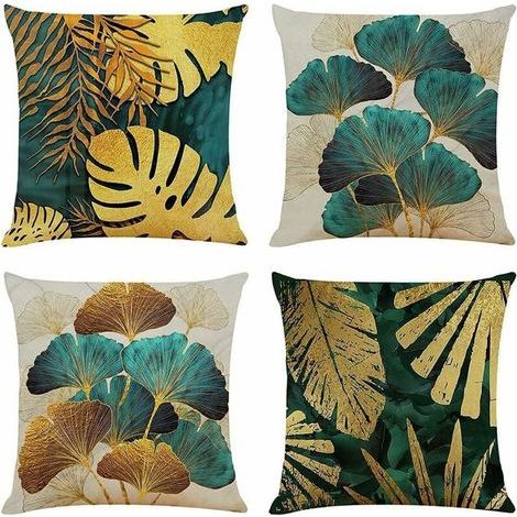 Lot de 4 housses de coussin 45x45 cm, motif feuilles bleu canard et doré, 18x18 cm, canapé de salon, taie d'oreiller jardin extérieur (1/5)